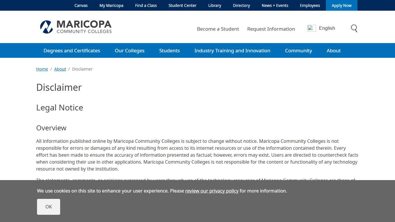 Disclaimer Maricopa Community Colleges